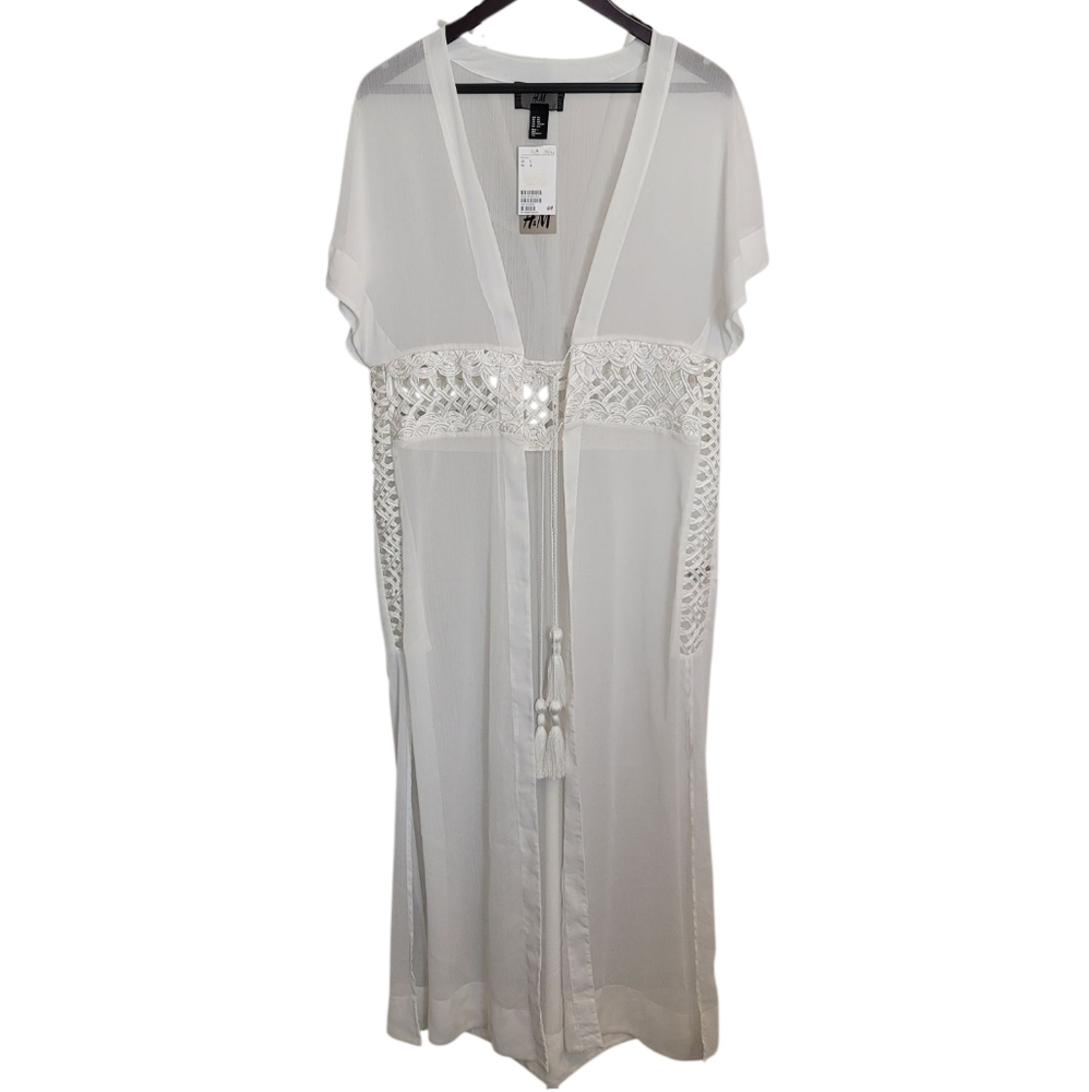 🆕️ H&M Longline Semi-Sheer Tassel Tie Front Duster Kimono Robe - Size M/L - Picture 2 of 11